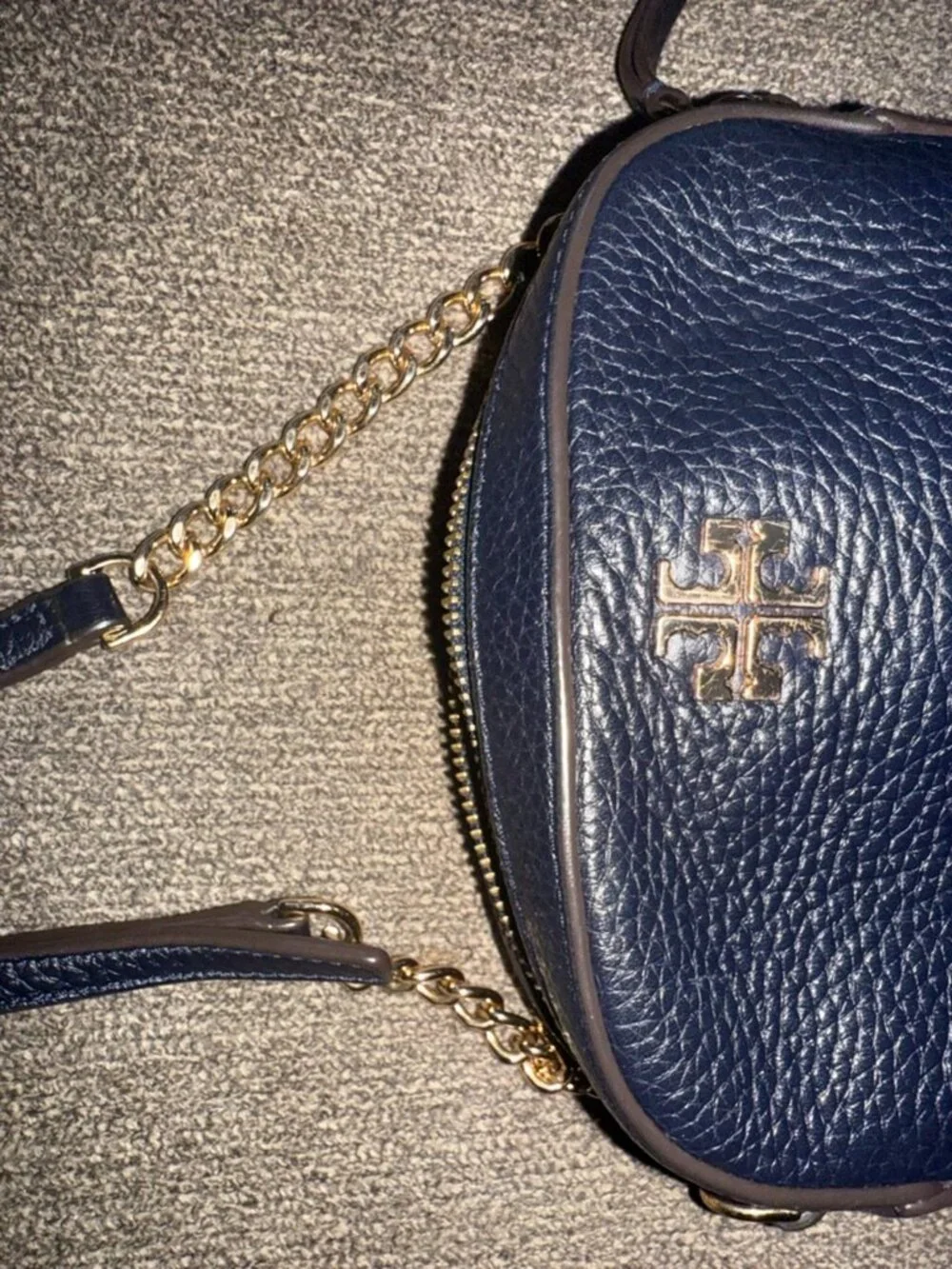 Tory Burch Navy Logo Round Pebbled Leather Bag